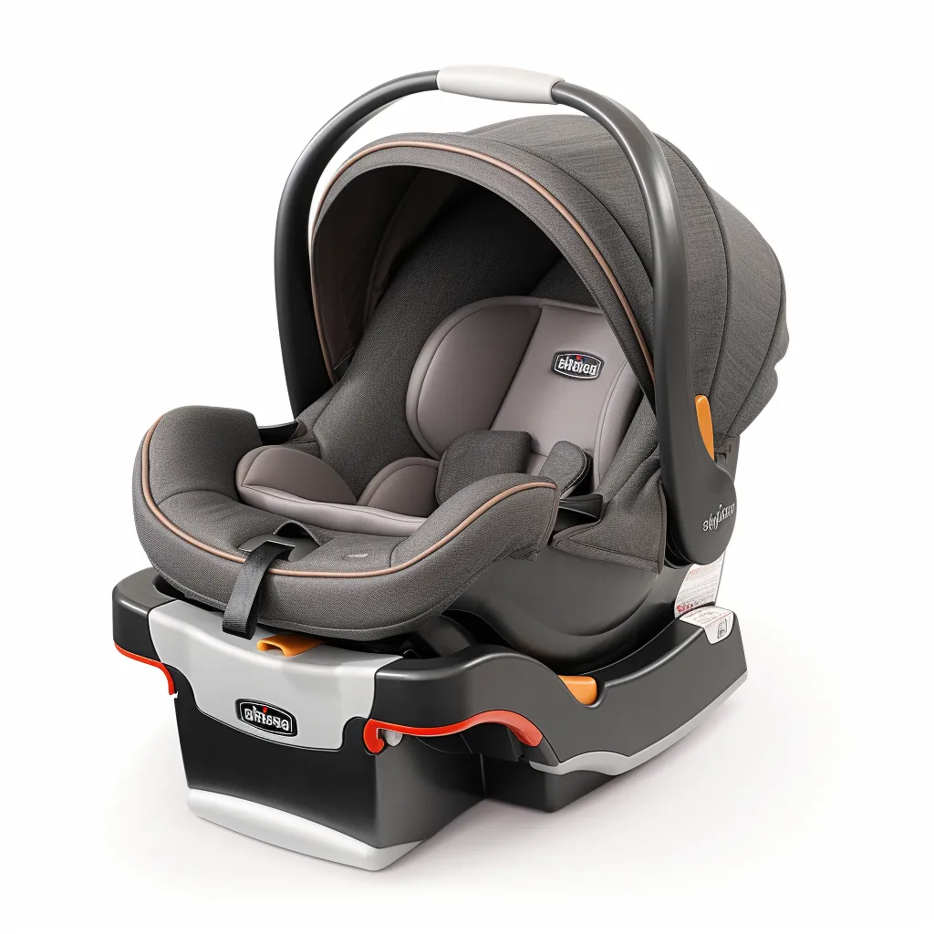 A modern infant car seat, prominently displayed in a vehicle's rear-facing position, surrounded by a protective shield symbolizing safety. The backdrop showcases a car's interior, emphasizing the importance of the car seat's position for the baby's safety.