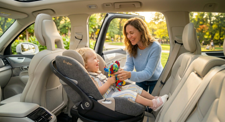 Mom preparing the baby in the car seat!