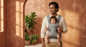 Dad wearing newborn in structured baby carrier hands free