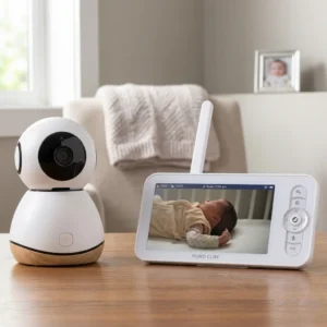 video baby monitor showing sleeping baby in crib on screen