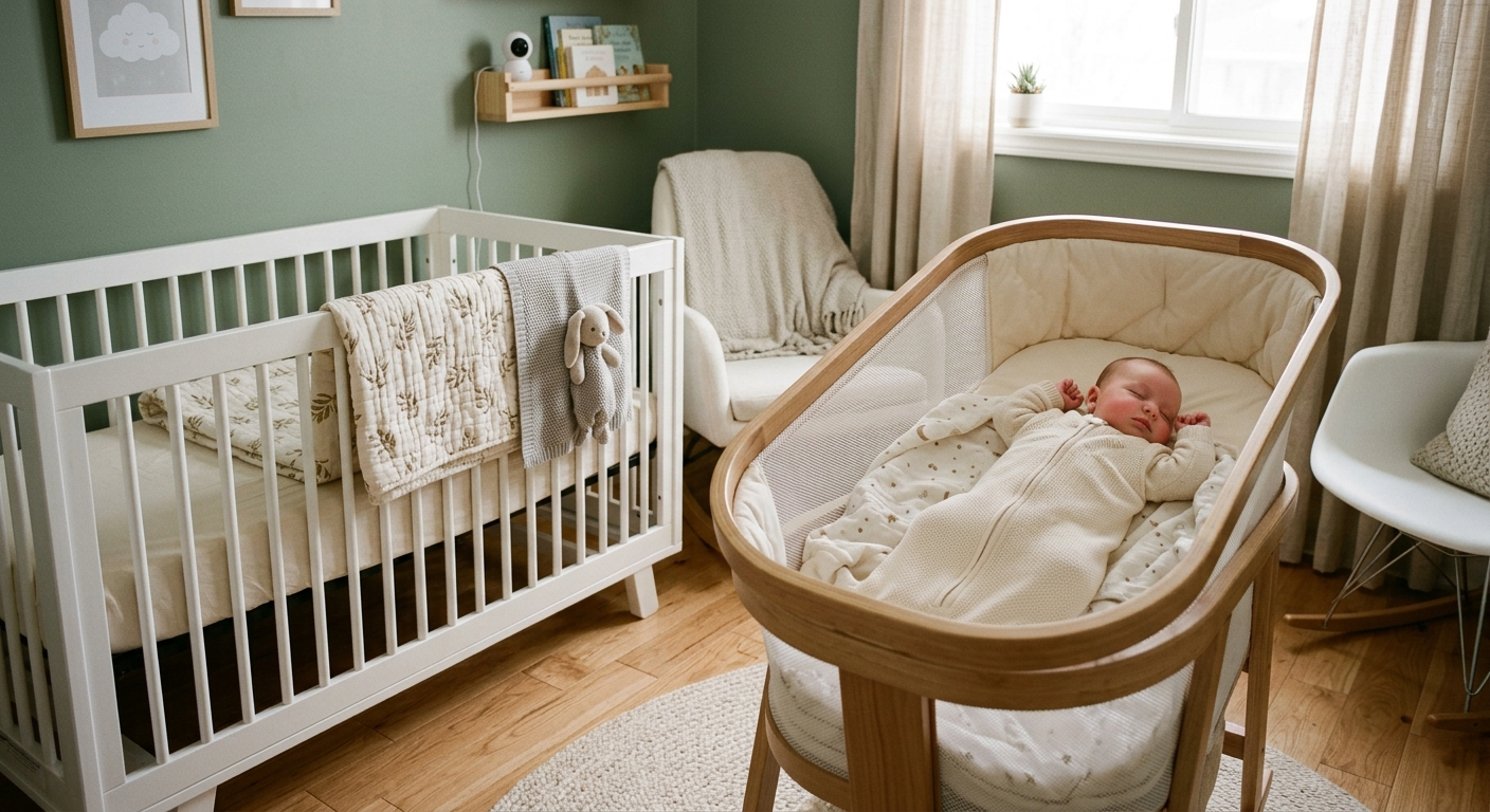Baby in bassinet ready for crib transition with cozy bedding