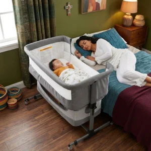 newborn sleeping safely in bedside bassinet next to parents bed