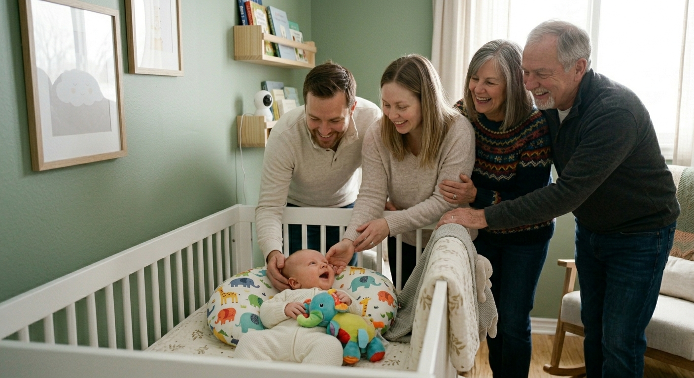Happy family adapting to the crib transition successfully