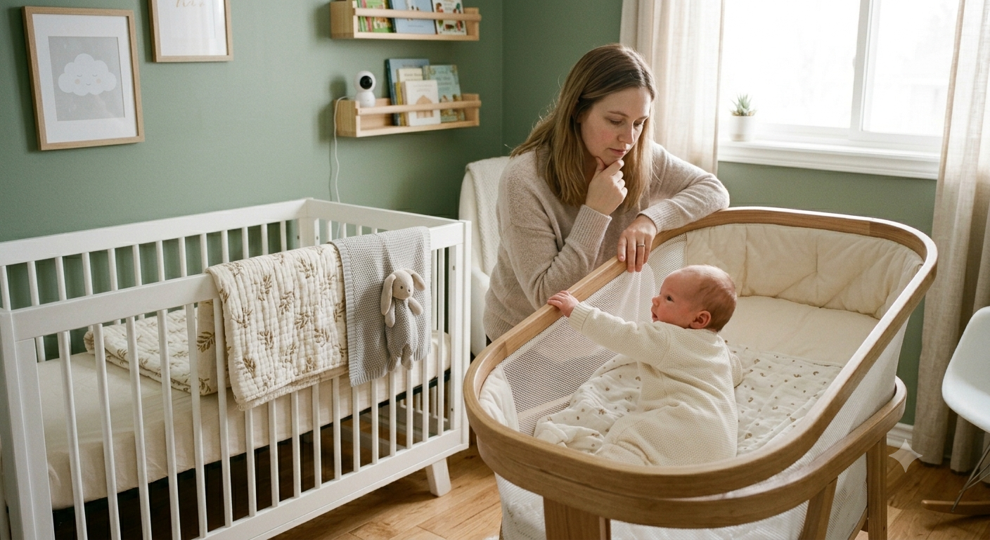 Mother observing baby showing signs of readiness to move from bassinet to crib