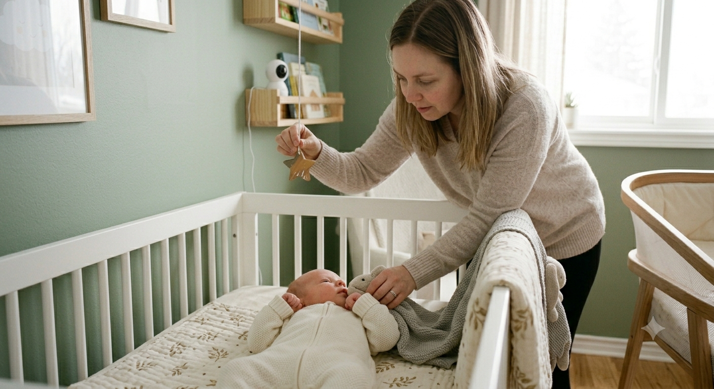 Mother performing bedtime routine to help baby transition from bassinet to crib