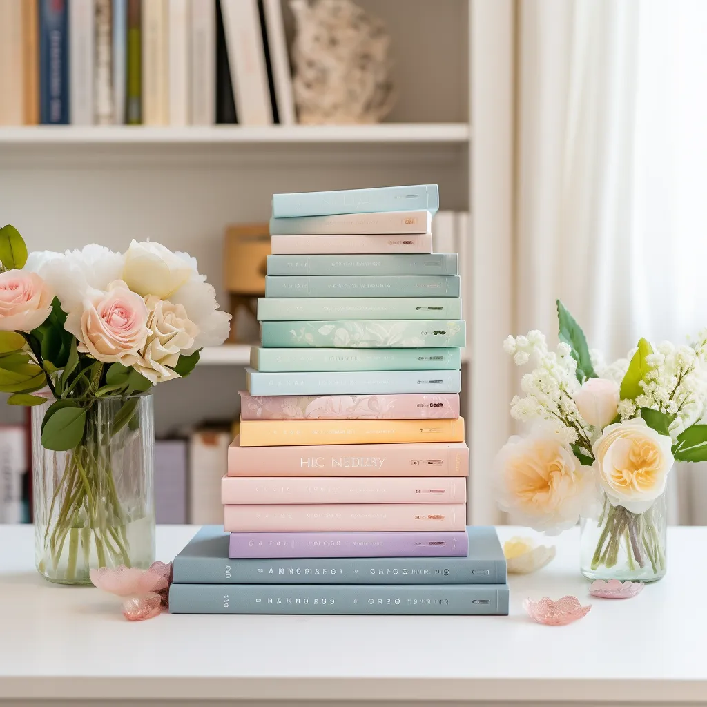 A stack of popular baby books on a wooden table, with a baby's hand reaching out to grab one, symbolizing the start of their literary journey.