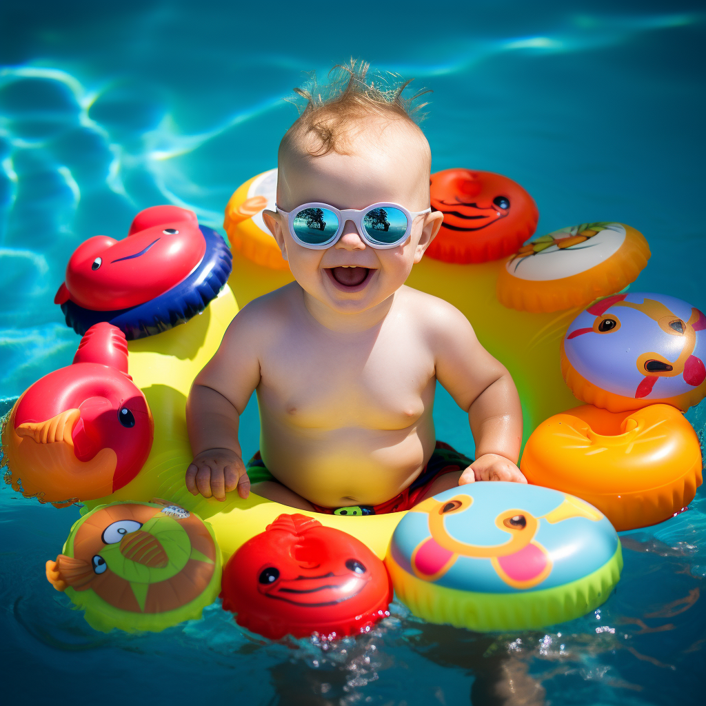 Smiling baby with a wooden toy, symbolizing the joy and safety of the best swim floats