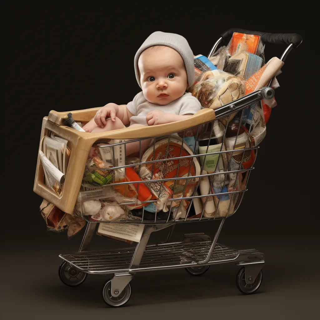 Detailed side-by-side depiction of a baby transitioning from car seat to shopping cart.