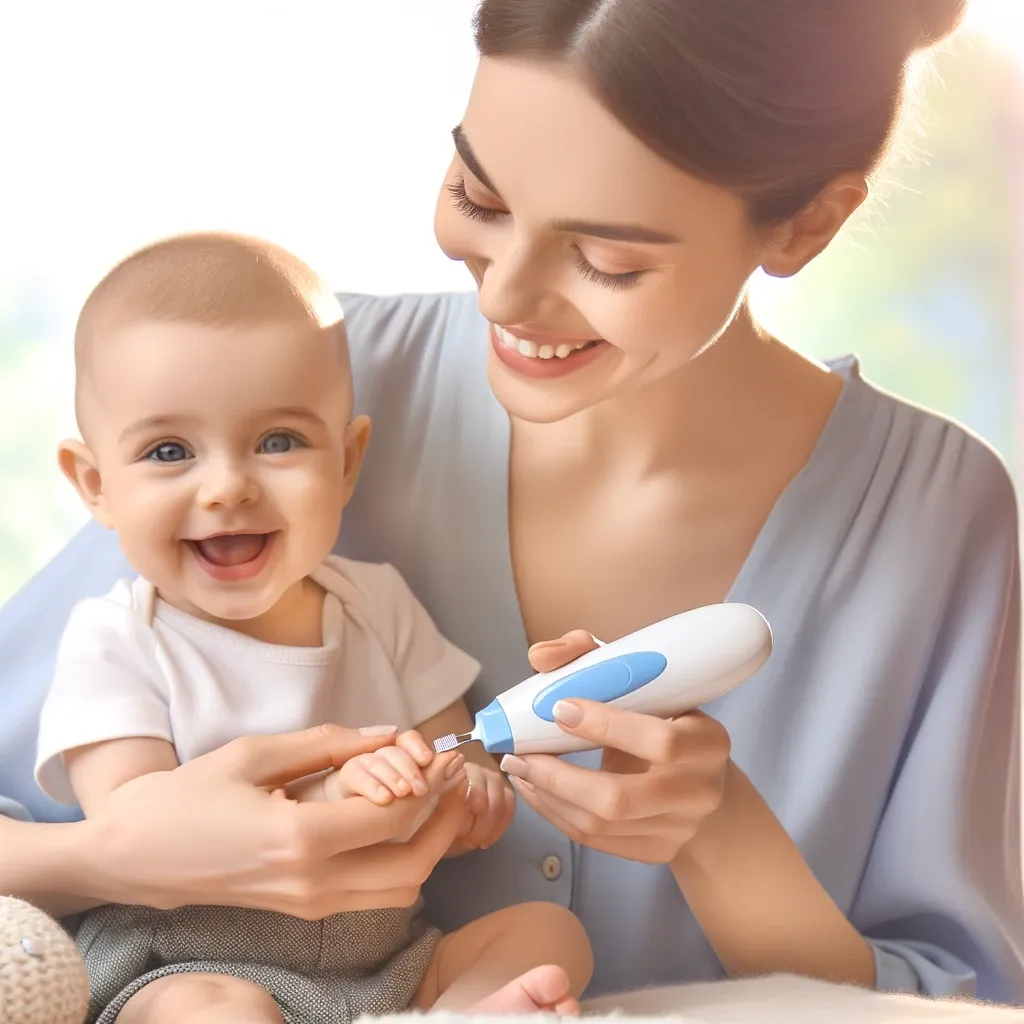 Photo of a happy mother and her delightful baby, as she uses an electric baby nail trimmer to trim the baby's nails, with a serene background