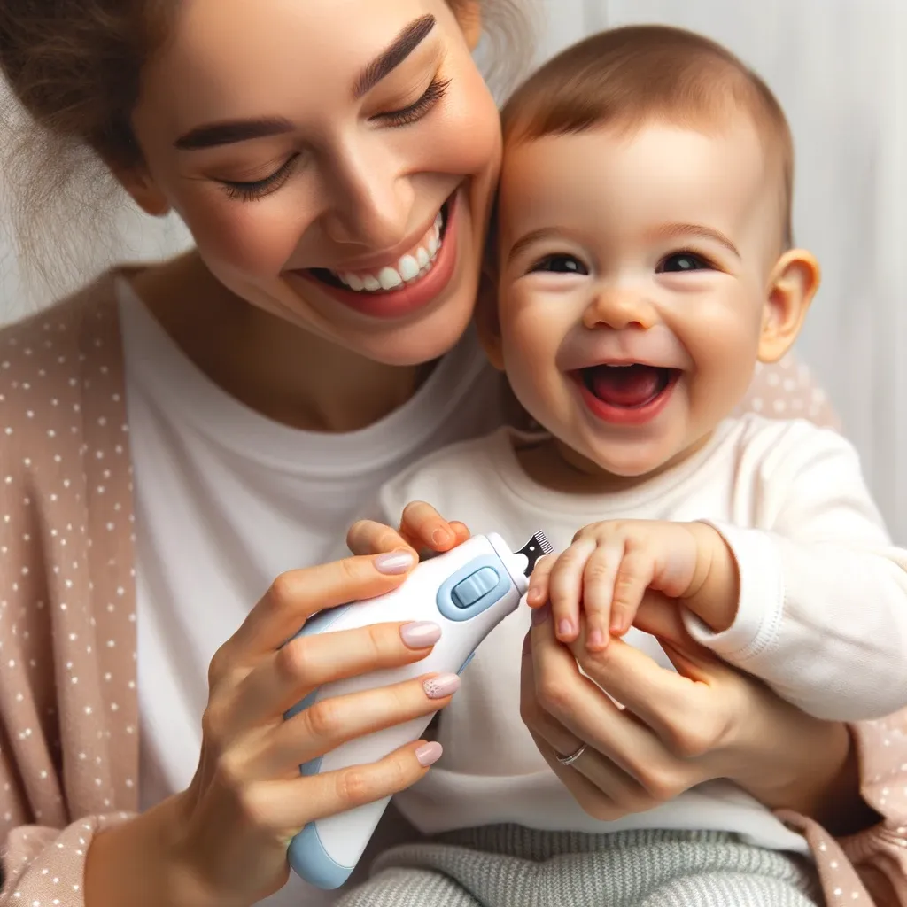 Photo of a joyful mother with her cheerful baby, using a rechargeable electric baby nail trimmer to carefully trim the baby's nails