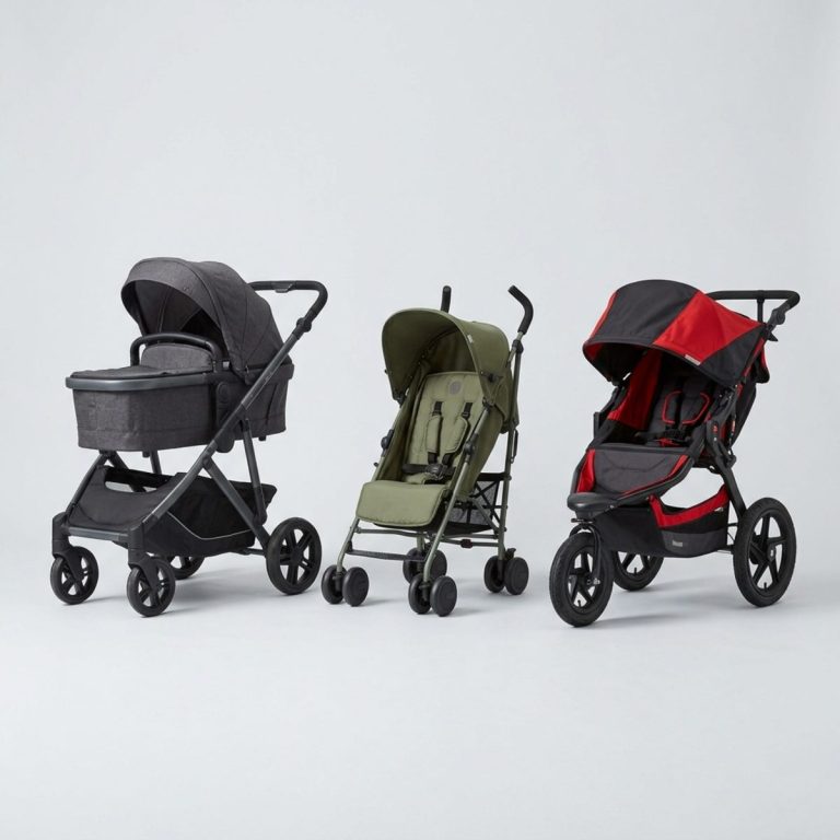 Three different baby strollers side by side on a plain background: a pram with a carrycot, a lightweight folding stroller and a large-wheeled jogger
