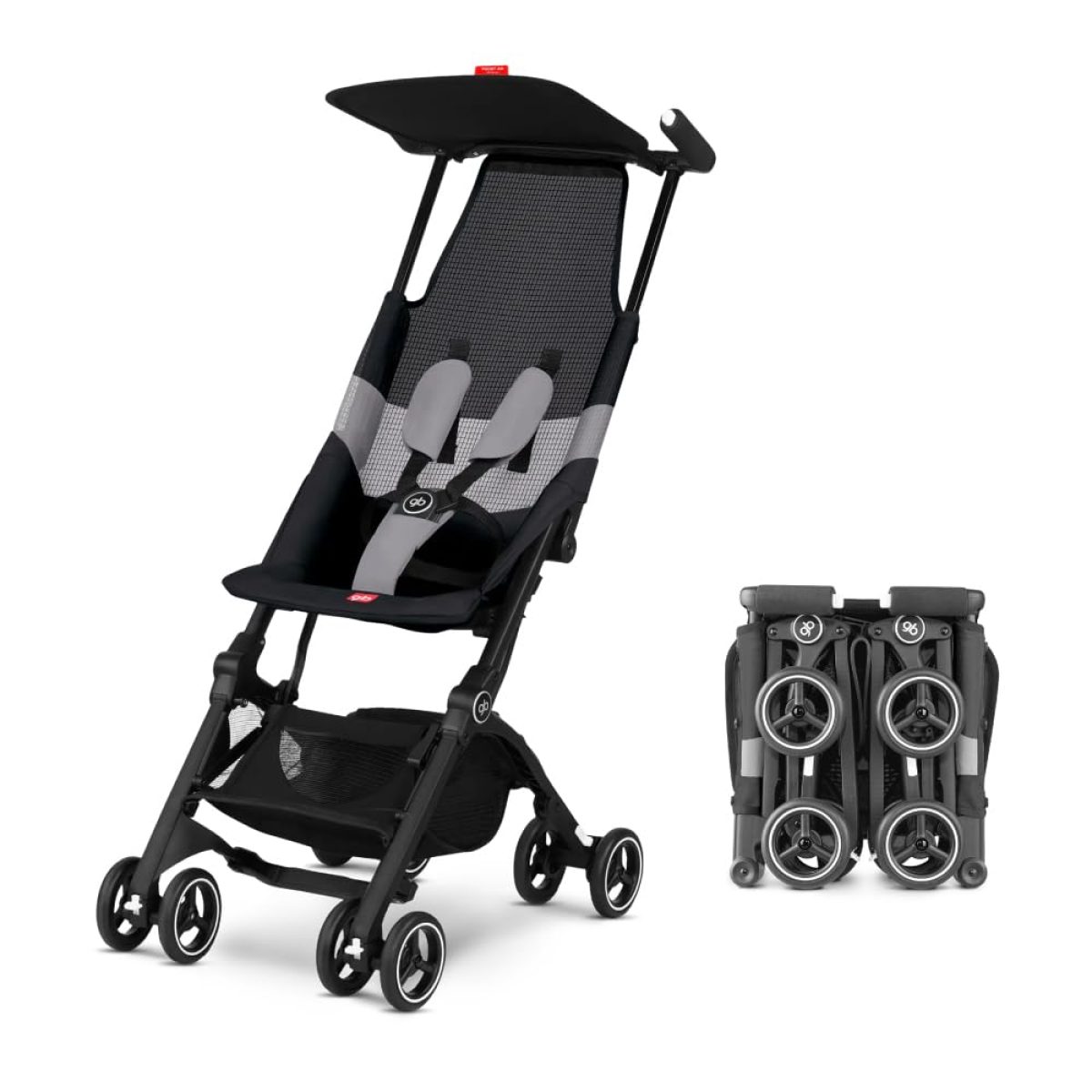 A lightweight folding stroller with a canopy, shown open alongside its folded frame, on a plain white background