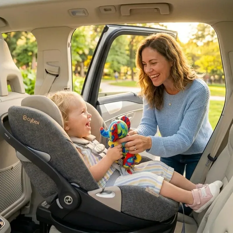 A parent securing a child into a car seat
